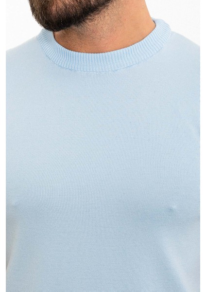 Düz Mavi Slim Fit Bisiklet Yaka Erkek Triko T-Shirt fiyatları