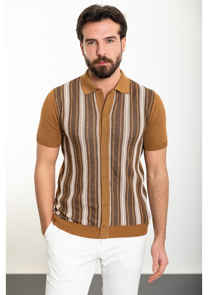 Desenli Kamel Slim Fit Polo Yaka Erkek Triko Gömlek