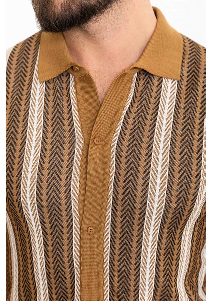 Desenli Kamel Slim Fit Polo Yaka Erkek Triko Gömlek