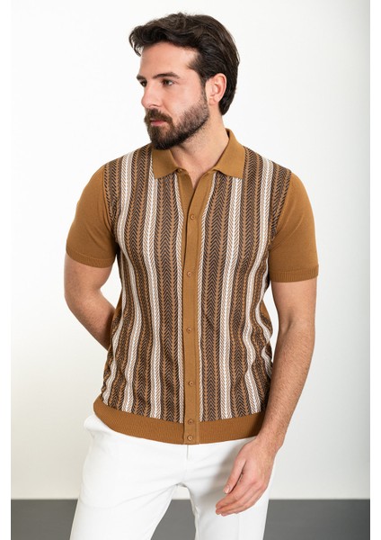 Desenli Kamel Slim Fit Polo Yaka Erkek Triko Gömlek