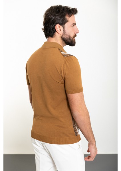 Desenli Kamel Slim Fit Polo Yaka Erkek Triko Gömlek