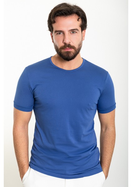 Düz Saks Slim Fit Bisiklet Yaka Erkek T-Shirt