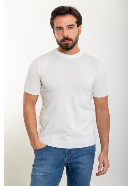 Düz Ekru Slim Fit Bisiklet Yaka Erkek Triko T-Shirt