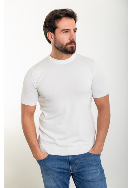 Düz Ekru Slim Fit Bisiklet Yaka Erkek Triko T-Shirt modelleri