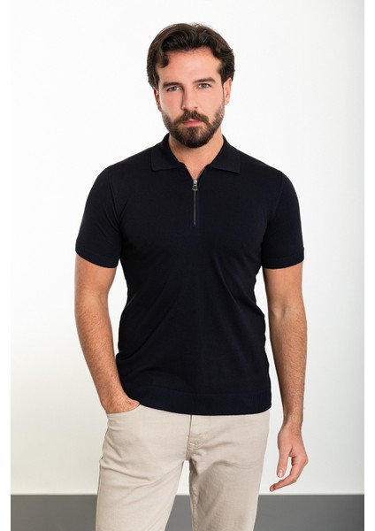 Düz Lacivert Slim Fit Fermuarlı Polo Yaka Erkek Triko T-Shirt