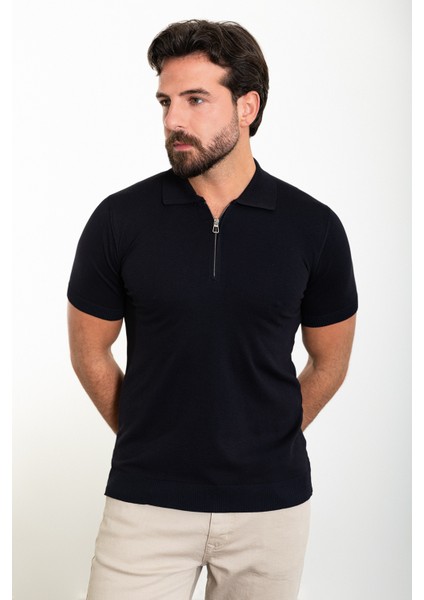 Düz Lacivert Slim Fit Fermuarlı Polo Yaka Erkek Triko T-Shirt