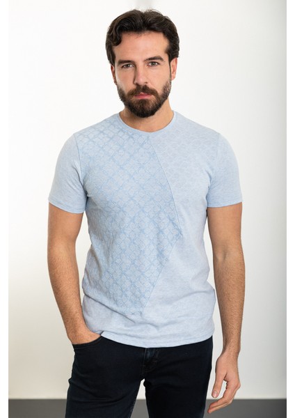 Desenli Mavi Slim Fit Bisiklet Yaka Erkek T-Shirt
