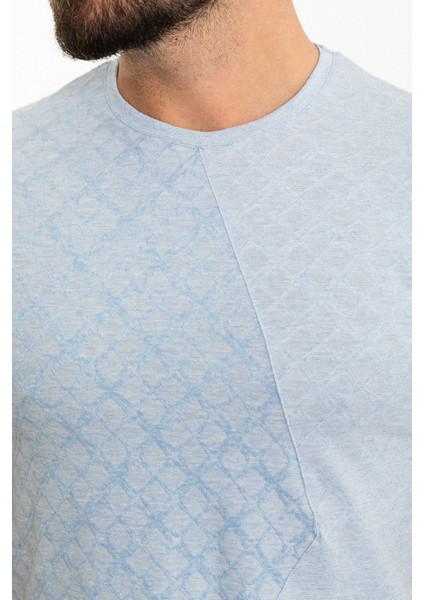 Desenli Mavi Slim Fit Bisiklet Yaka Erkek T-Shirt fiyatları
