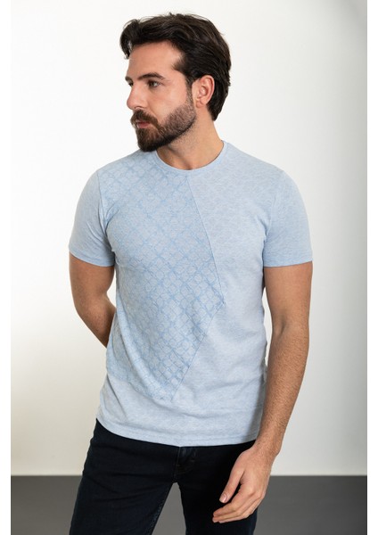 Desenli Mavi Slim Fit Bisiklet Yaka Erkek T-Shirt modelleri