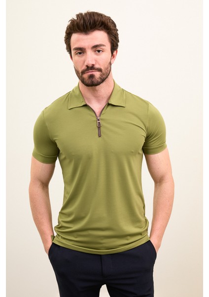 Düz Slim Fit Fermuarlı Polo Yaka Erkek T-Shirt