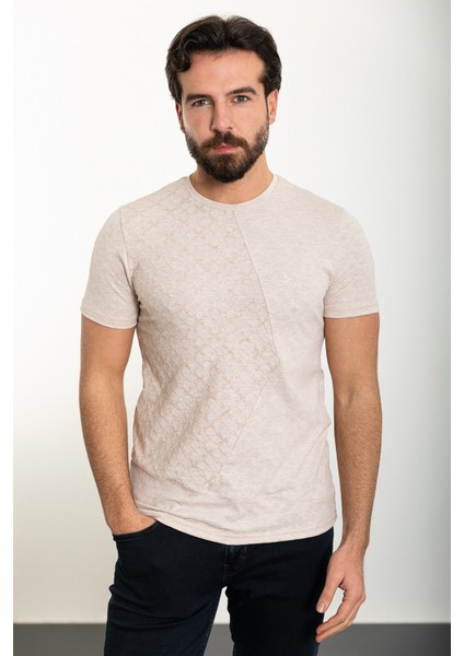 Desenli Bej Slim Fit Bisiklet Yaka Erkek T-Shirt