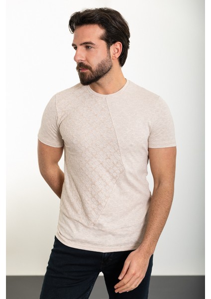 Desenli Bej Slim Fit Bisiklet Yaka Erkek T-Shirt modelleri