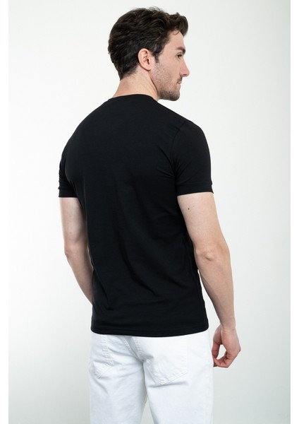 Baskılı Siyah Slim Fit Bisiklet Yaka Basic Erkek T-Shirt