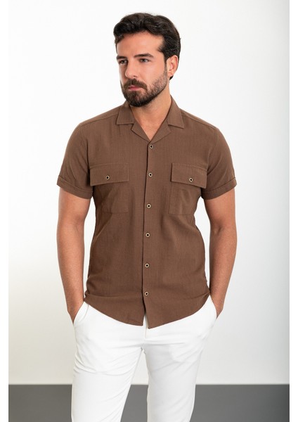 Düz Kahverengi Slim Fit Apaç Yaka Kısa Kollu Keten Erkek Gömlek modelleri
