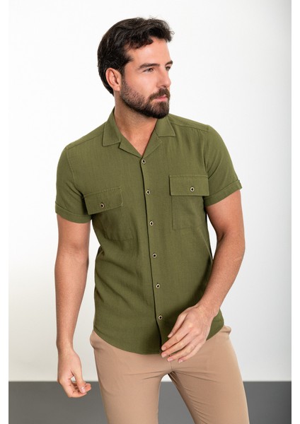 Düz Haki Slim Fit Apaç Yaka Kısa Kollu Keten Erkek Gömlek modelleri