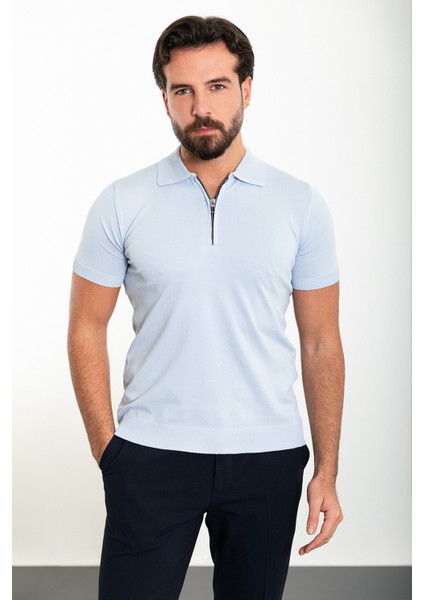 Düz Mavi Slim Fit Fermuarlı Polo Yaka Erkek Triko T-Shirt