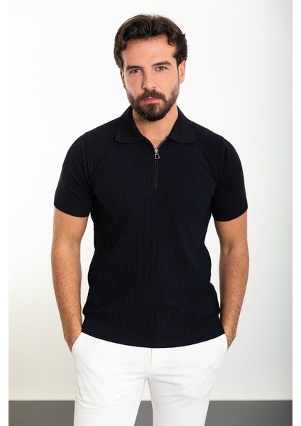 Desenli Lacivert Slim Fit Fermuarlı Polo Yaka Erkek Triko T-Shirt