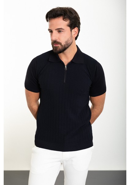 Desenli Lacivert Slim Fit Fermuarlı Polo Yaka Erkek Triko T-Shirt