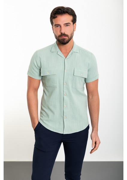 Düz Açık Yeşil Slim Fit Apaç Yaka Kısa Kollu Keten Erkek Gömlek