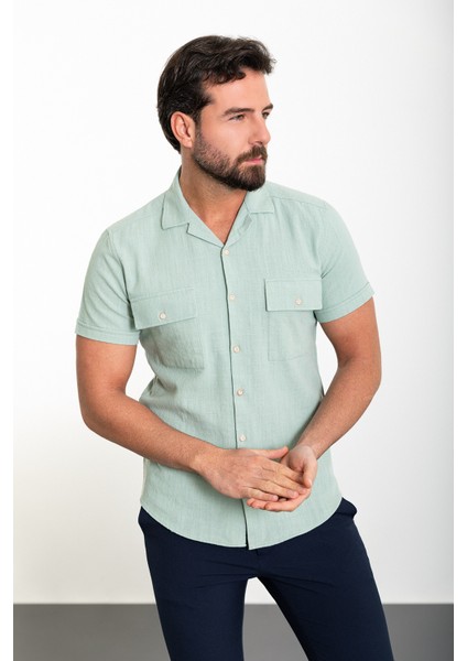 Düz Açık Yeşil Slim Fit Apaç Yaka Kısa Kollu Keten Erkek Gömlek modelleri