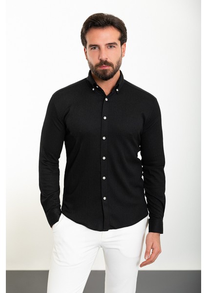 Çizgili Siyah Slim Fit Uzun Kollu Gofre Erkek Gömlek