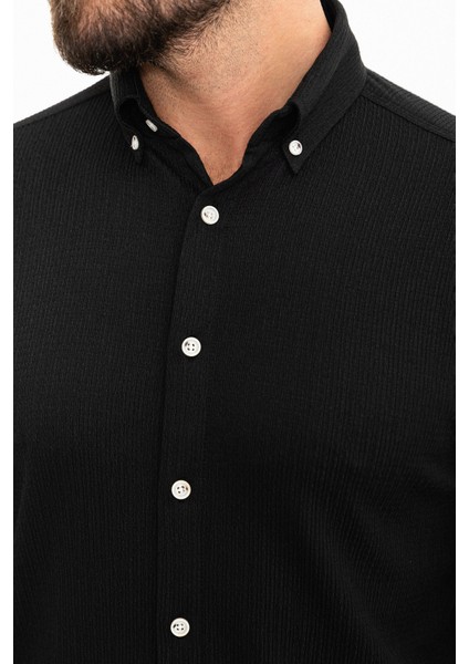 Çizgili Siyah Slim Fit Uzun Kollu Gofre Erkek Gömlek fiyatları