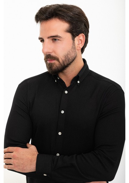 Çizgili Siyah Slim Fit Uzun Kollu Gofre Erkek Gömlek modelleri