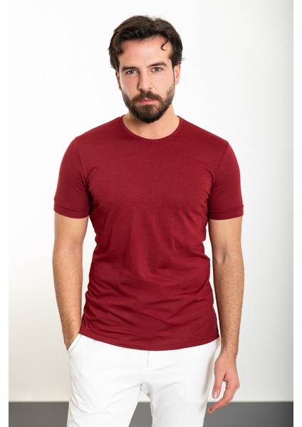 Düz Bordo Slim Fit Bisiklet Yaka Erkek T-Shirt