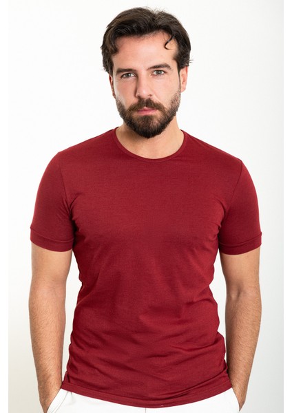 Düz Bordo Slim Fit Bisiklet Yaka Erkek T-Shirt fırsatları