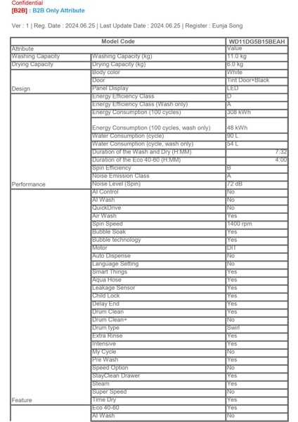 WD11DG5B15BEAH Kurutmalı Çamaşır Makinesi