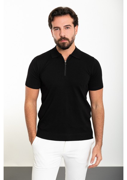 Düz Siyah Slim Fit Fermuarlı Polo Yaka Erkek Triko T-Shirt