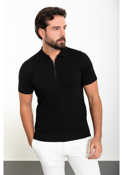 Düz Siyah Slim Fit Fermuarlı Polo Yaka Erkek Triko T-Shirt