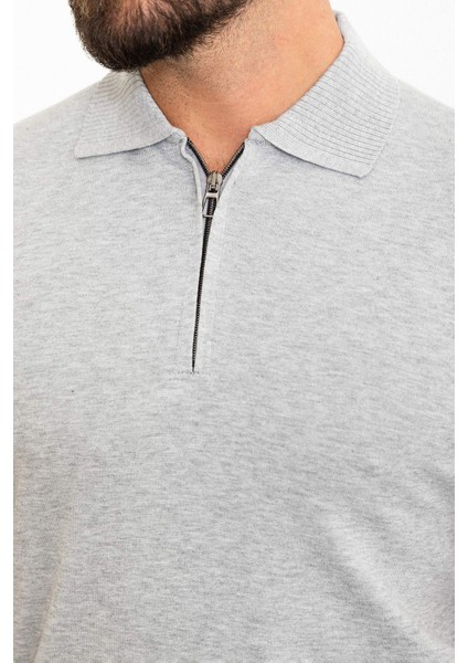 Düz Gri Slim Fit Fermuarlı Polo Yaka Erkek Triko T-Shirt fiyatları