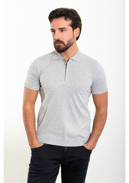 Düz Gri Slim Fit Fermuarlı Polo Yaka Erkek Triko T-Shirt modelleri
