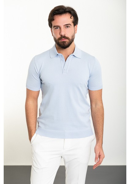 Düz Mavi Slim Fit Polo Yaka Erkek Triko T-Shirt