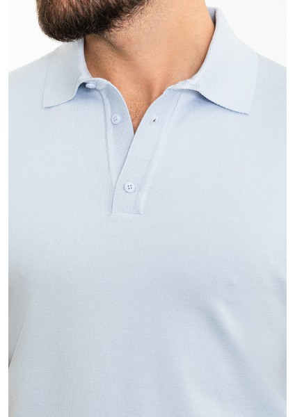 Düz Mavi Slim Fit Polo Yaka Erkek Triko T-Shirt fiyatları