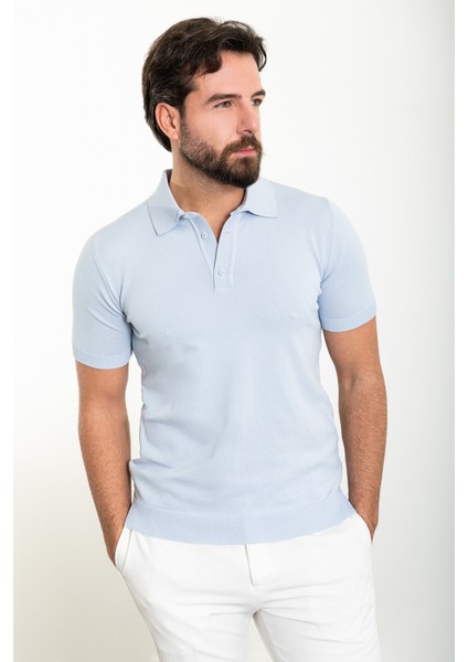 Düz Mavi Slim Fit Polo Yaka Erkek Triko T-Shirt modelleri