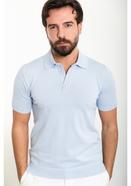 Düz Mavi Slim Fit Polo Yaka Erkek Triko T-Shirt fırsatları