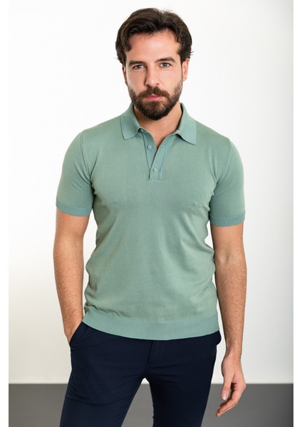 Düz Açık Yeşil Slim Fit Polo Yaka Erkek Triko T-Shirt