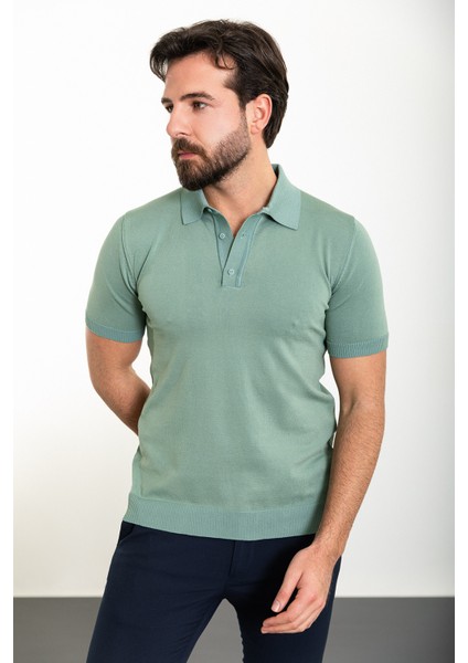 Düz Açık Yeşil Slim Fit Polo Yaka Erkek Triko T-Shirt modelleri