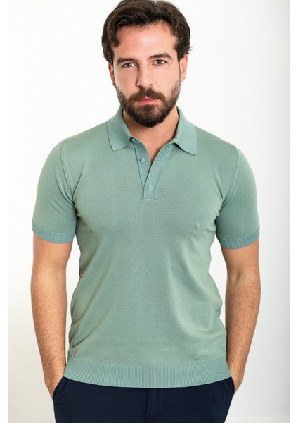 Düz Açık Yeşil Slim Fit Polo Yaka Erkek Triko T-Shirt fırsatları