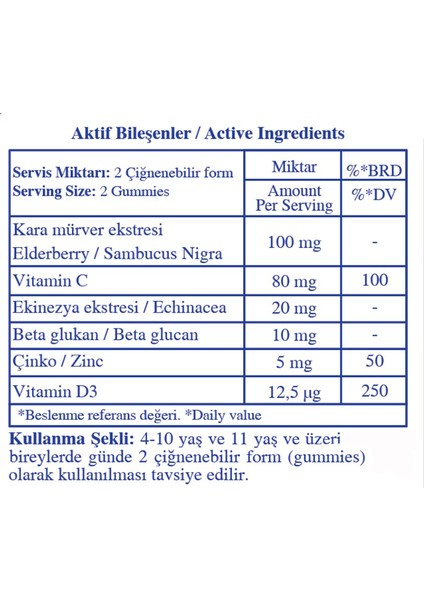 Immunity For Kids | Vitamin C ve D3, Kara Mürver, Çinko ve Beta Glukan İçeren 60 Çiğnenebilir Gummy