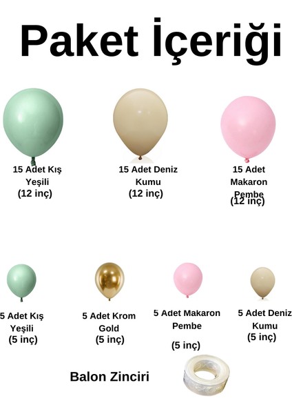 Balon Seti Krom Gold-Kış Yeşili-Makaron Pembe-Deniz Kumu 60 Lı Balon Zinciri Seti fiyatları