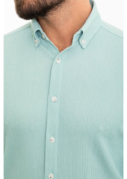 Çizgili Açık Yeşil Slim Fit Uzun Kollu Gofre Erkek Gömlek fiyatları