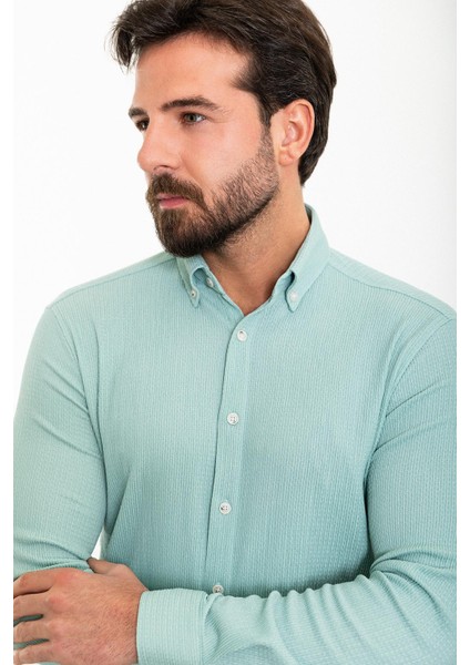 Çizgili Açık Yeşil Slim Fit Uzun Kollu Gofre Erkek Gömlek modelleri