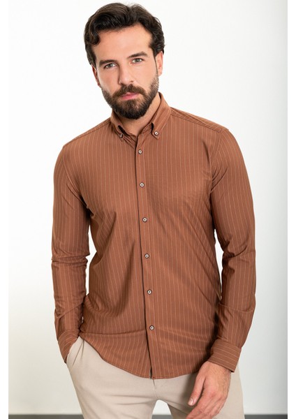 Çizgili Kiremit Slim Fit Uzun Kollu Erkek Gömlek