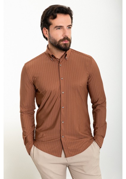 Çizgili Kiremit Slim Fit Uzun Kollu Erkek Gömlek modelleri