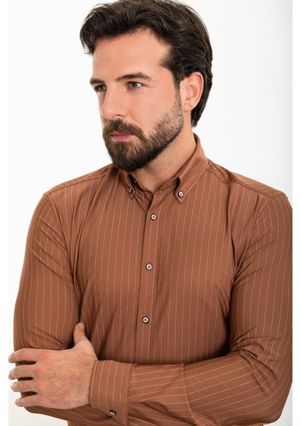Çizgili Kiremit Slim Fit Uzun Kollu Erkek Gömlek fırsatları