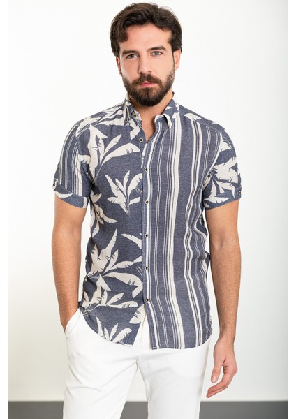 Desenli Lacivert Slim Fit Kısa Kollu Erkek Gömlek