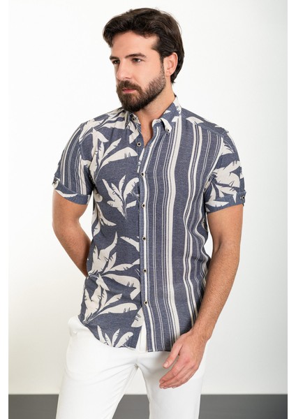 Desenli Lacivert Slim Fit Kısa Kollu Erkek Gömlek modelleri